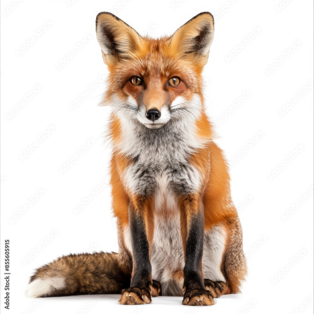 Fototapeta premium A red fox sitting attentively, isolated on a white background