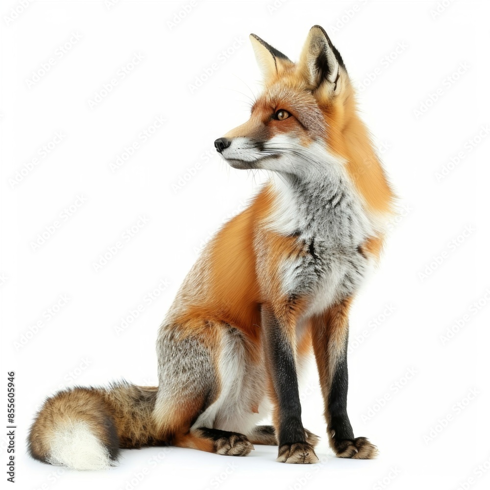 A red fox sitting attentively, isolated on a white background A red fox sitting attentively, isolated on a white background