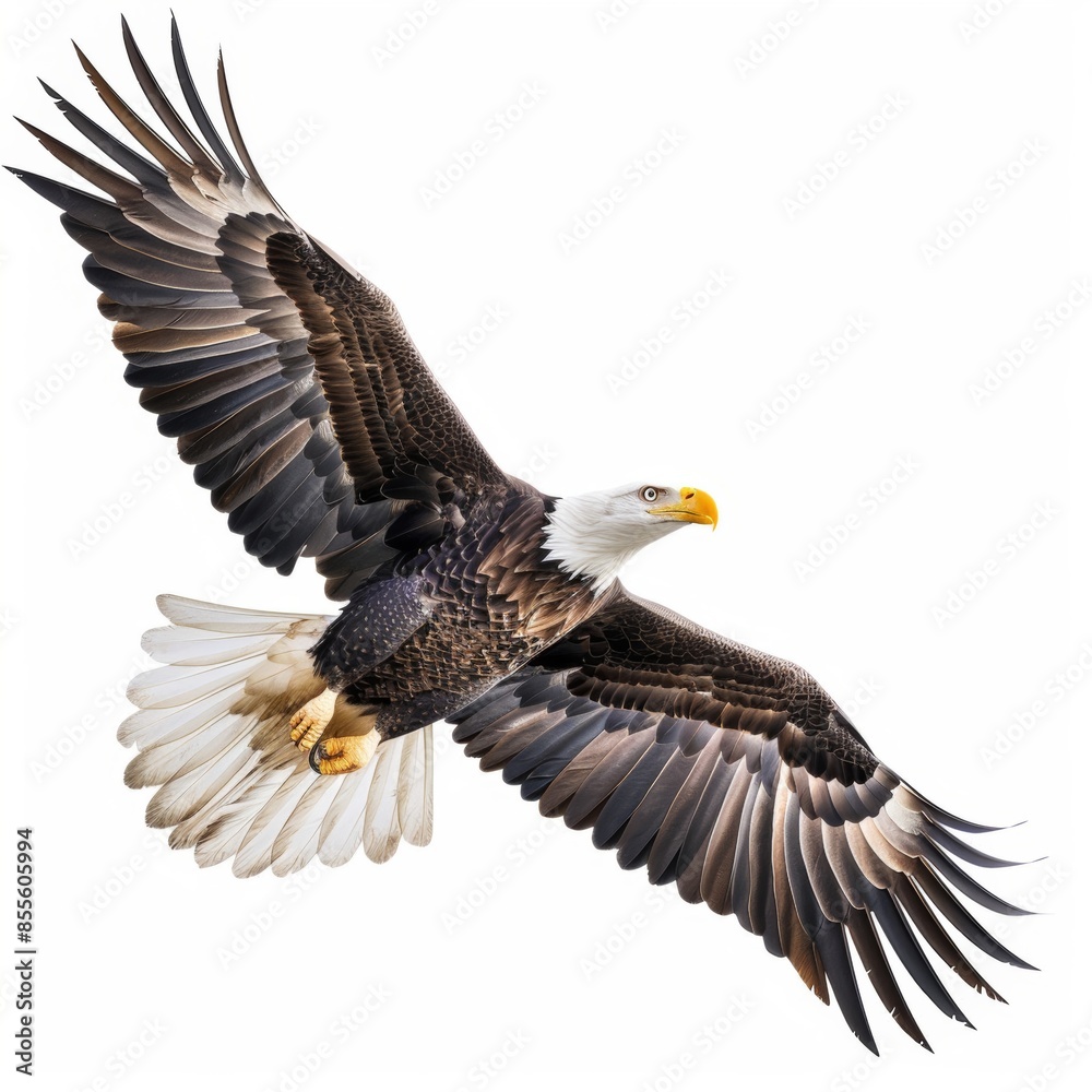 Obraz premium A majestic bald eagle soaring with its wings spread wide, isolated on a white background