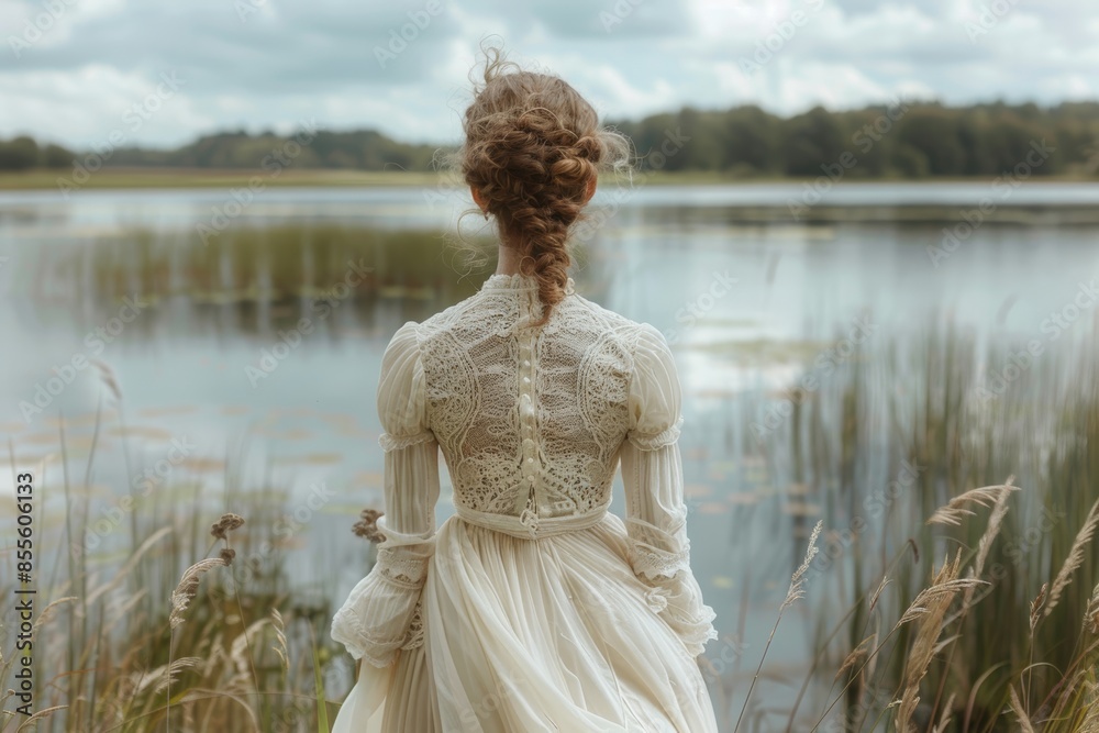 Nordic lady in a flowing white dress, standing by a serene lake, nordic beauty, peaceful tranquility. Nordic lady in a flowing white dress, standing by a serene lake, nordic beauty, peaceful tranquility.