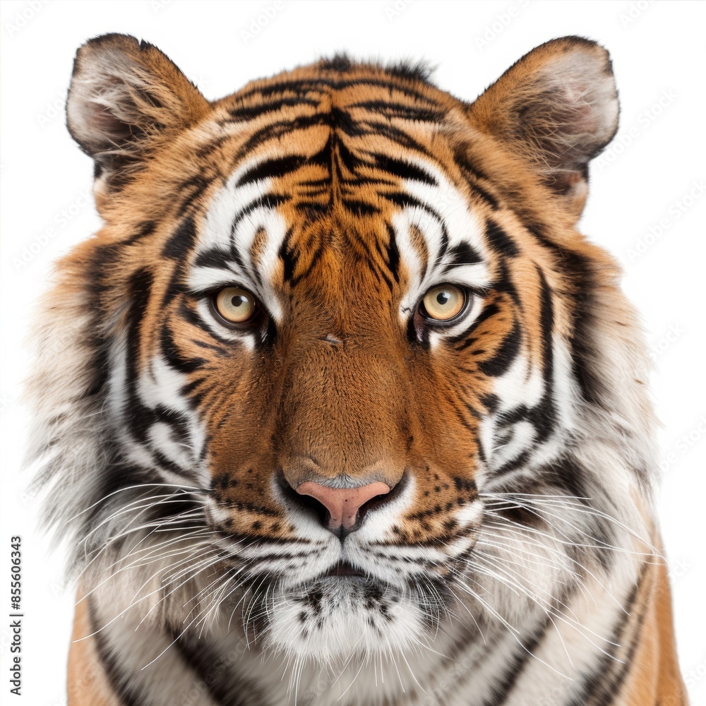 Fototapeta premium A close-up view of a tiger's face, showcasing its fierce eyes and distinctive stripes