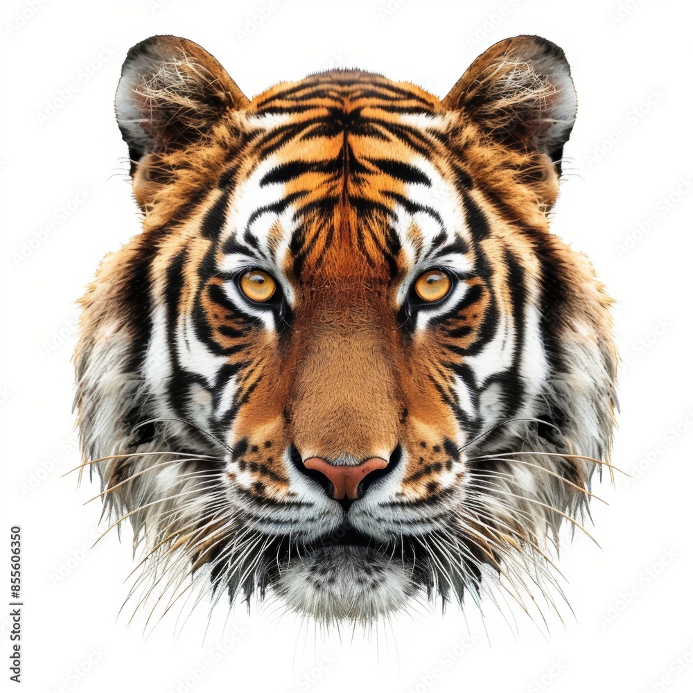 A close-up view of a tiger's face, showcasing its fierce eyes and distinctive stripes A close-up view of a tiger's face, showcasing its fierce eyes and distinctive stripes