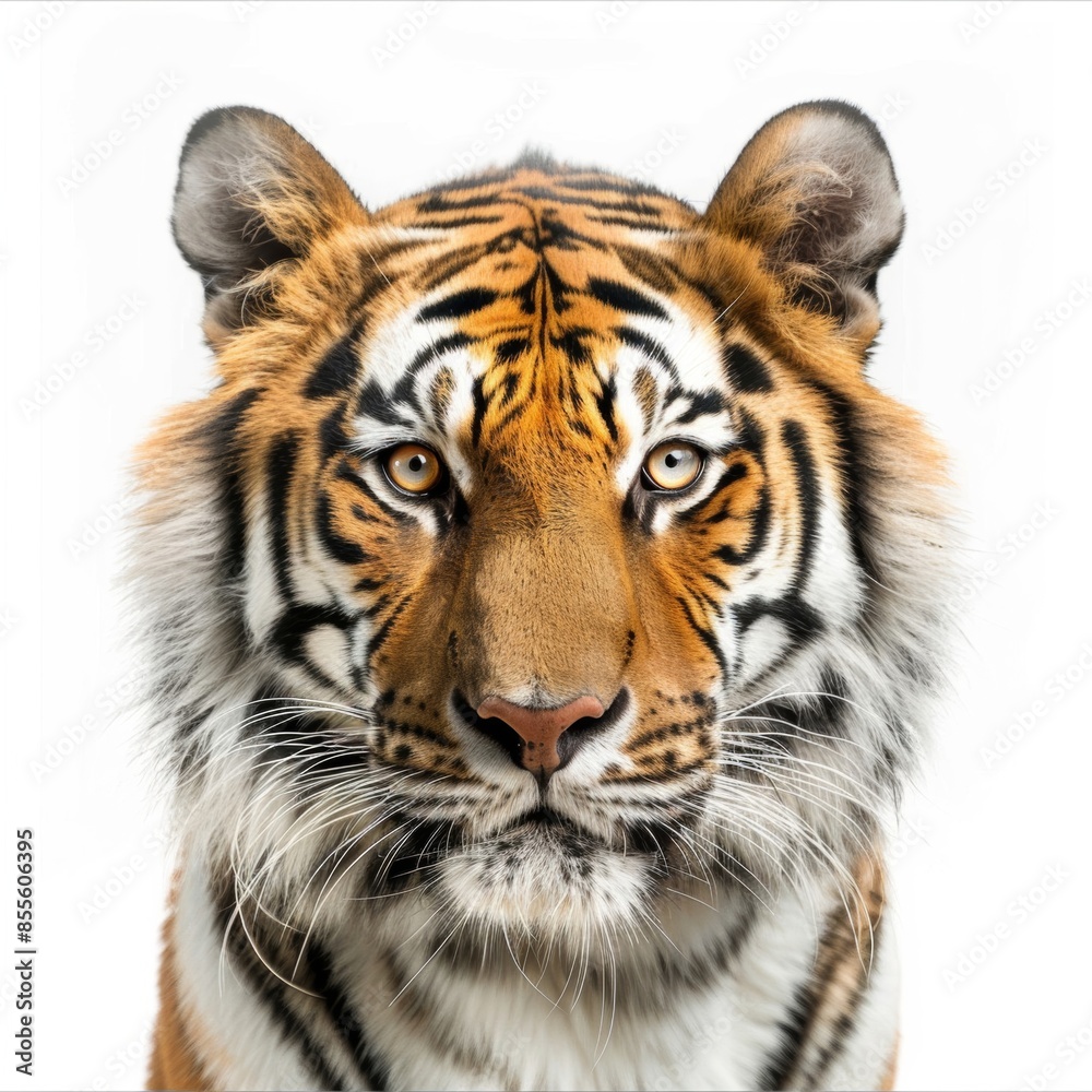 Naklejka premium A close-up view of a tiger's face, showcasing its fierce eyes and distinctive stripes