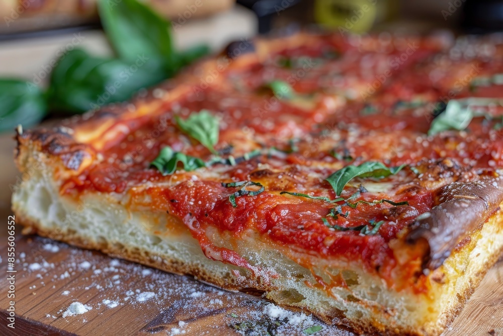 A detailed view of a square-shaped Sicilian pizza slice resting on a wooden cutting board, A square-shaped Sicilian pizza with a thick, fluffy crust A detailed view of a square-shaped Sicilian pizza slice resting on a wooden cutting board, A square-shaped Sicilian pizza with a thick, fluffy crust