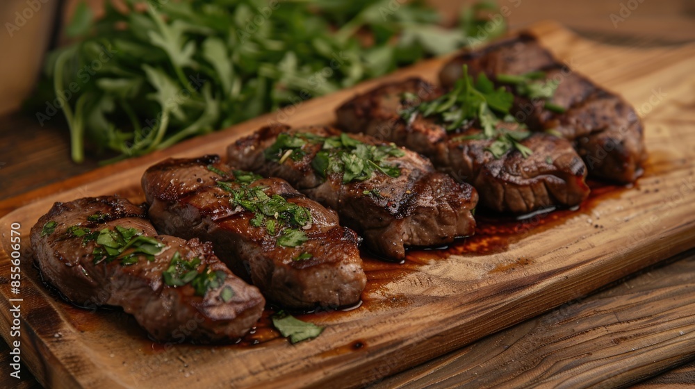 Grilled steaks on wooden cutting board with arugula salad.