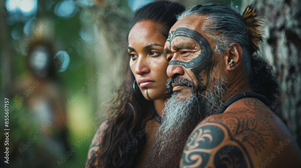 Portrait of a man and woman with traditional face tattoos and jewelry. Indigenous Peoples Day