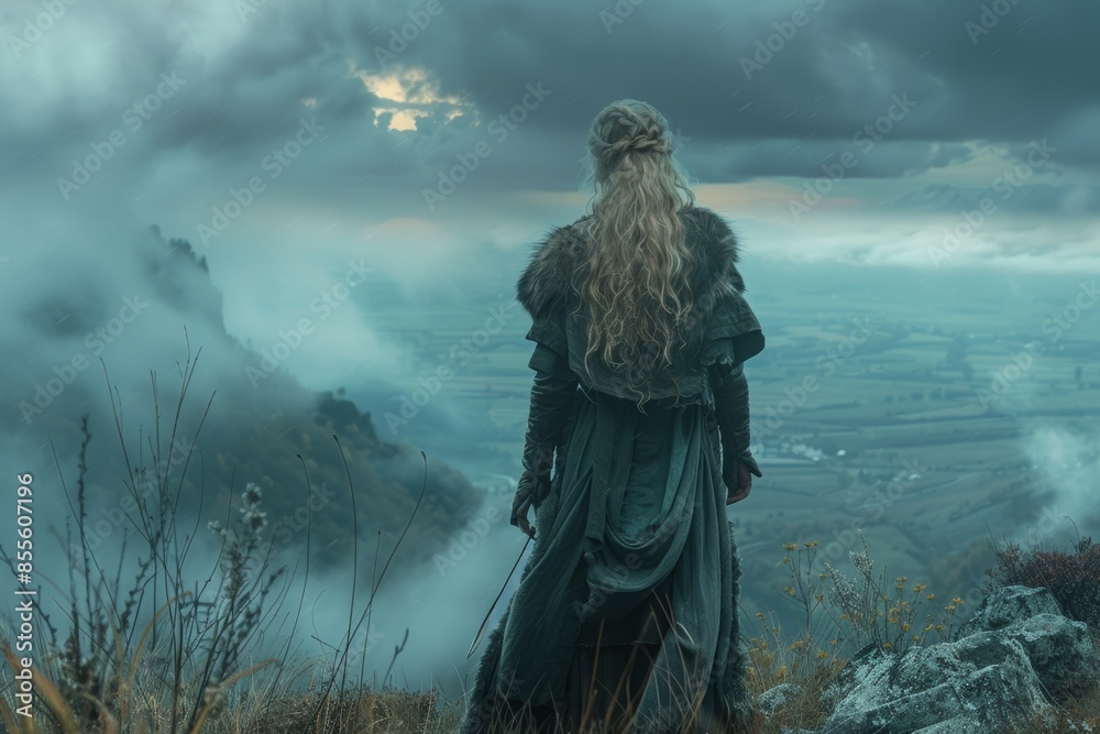 Fototapeta premium Nordic lady in traditional Viking attire, with a dramatic sky in the background, nordic beauty, warrior spirit.