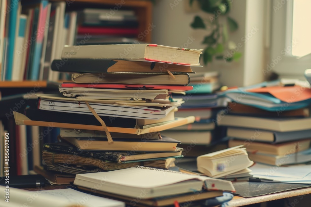 Pile of books resting on top of a table, textbooks and notebooks scattered around, A stack of textbooks and notebooks scattered haphazardly on a desk Pile of books resting on top of a table, textbooks and notebooks scattered around, A stack of textbooks and notebooks scattered haphazardly on a desk