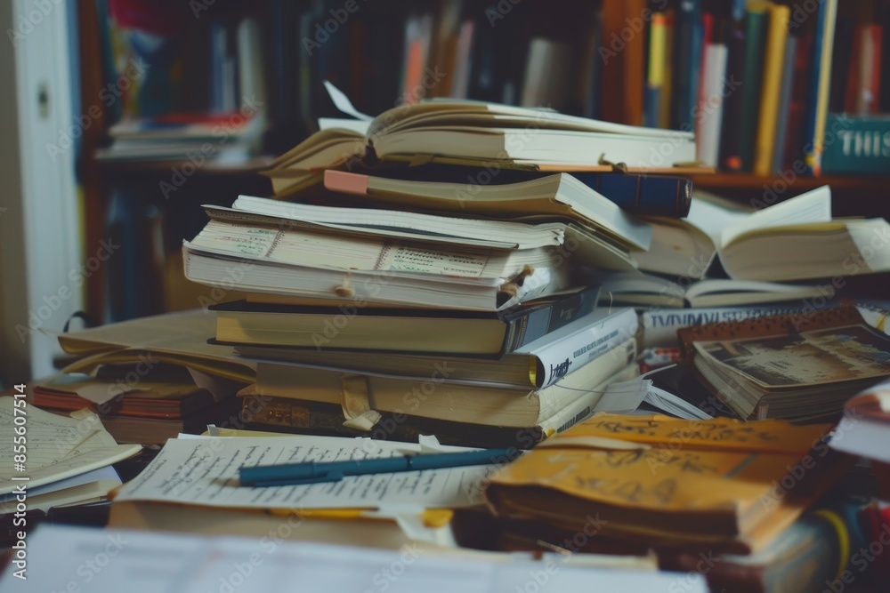 Assorted books and notebooks stacked on a table in a disorganized manner, A stack of textbooks and notebooks scattered haphazardly on a desk Assorted books and notebooks stacked on a table in a disorganized manner, A stack of textbooks and notebooks scattered haphazardly on a desk