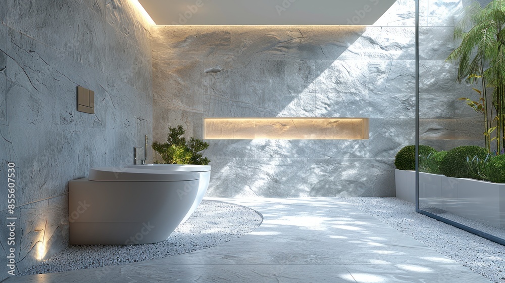 Modern Bathroom with Stone Walls and Garden View Modern Bathroom with Stone Walls and Garden View