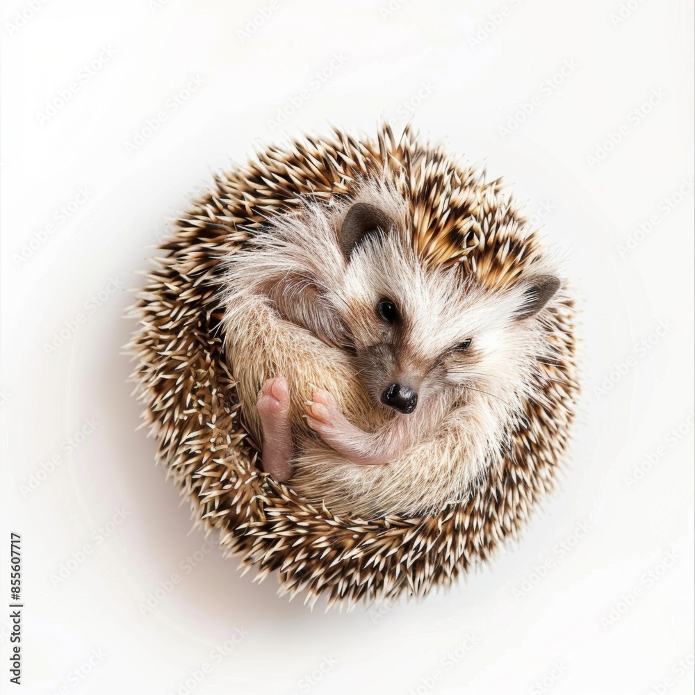 Fototapeta premium A cute hedgehog curled into a protective ball, isolated on a white background