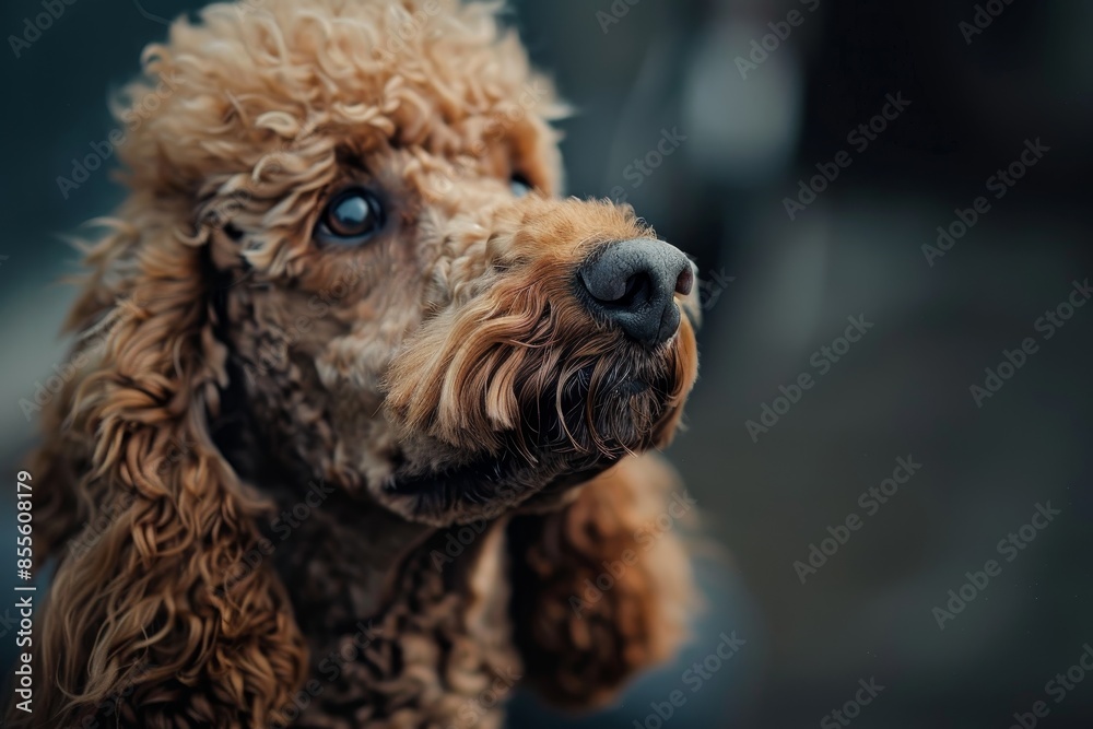 Close-up of a standard poodles face with a playful expression, set against a blurred background, A standard poodle sitting attentively with a playful expression Close-up of a standard poodles face with a playful expression, set against a blurred background, A standard poodle sitting attentively with a playful expression