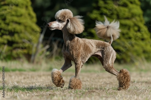 A brown poodle elegantly stands on top of a dry grass field, A standard poodle prancing with a graceful and elegant gait