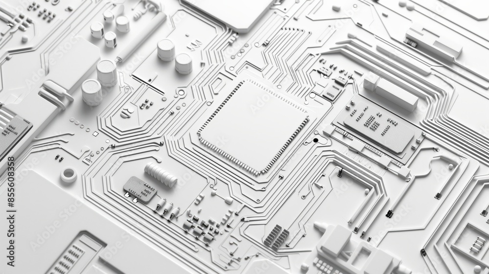 Electronic circuit board detailed close-up, white silver computer motherboard. AI ML technology hardware concept background banner