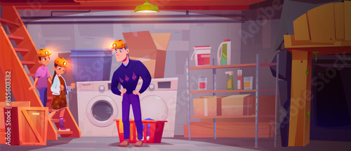 Father and children in basement room with tunnel cartoon. Cellar laundry and storage with rack furniture and box vector illustration. Mining cave entrance inside house storeroom fantasy game design