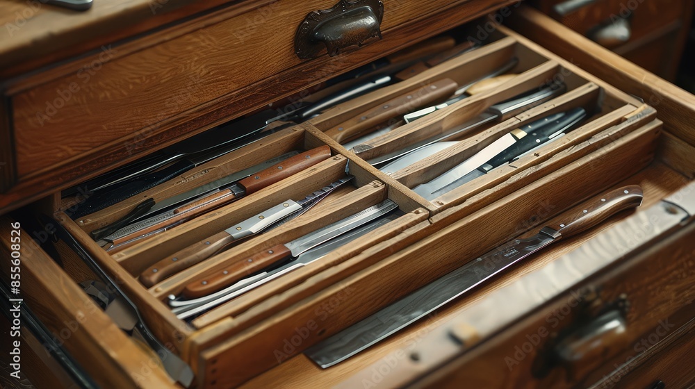 A drawer filled with files and an assortment of knives. A drawer filled with files and an assortment of knives.