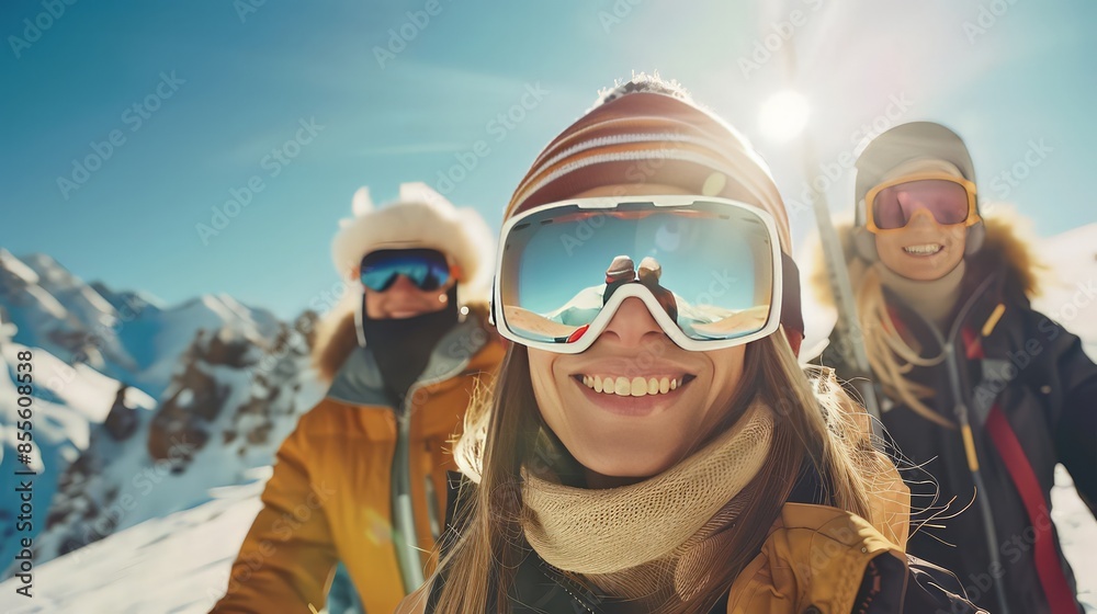 A group of happy smiling friends with ski googles looked at camera in the ski resort. A group of happy smiling friends with ski googles looked at camera in the ski resort.
