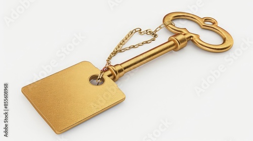 Key to happiness concept - golden key with happiness tag isolated on white. 
