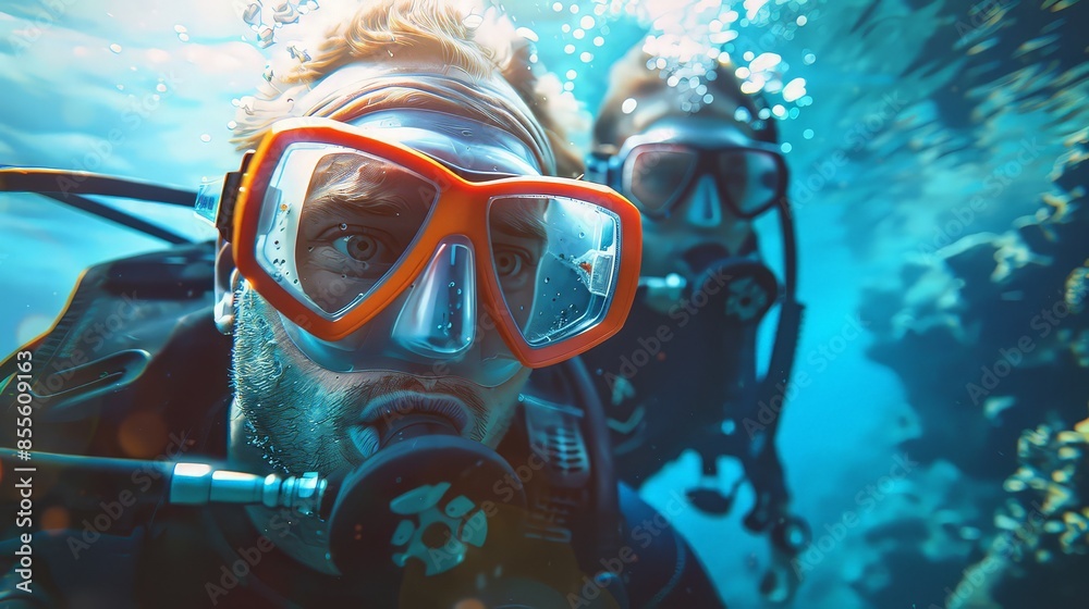 Son and father scuba diving in ocean. Son and father scuba diving in ocean.