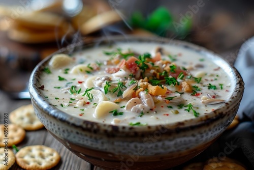 A bowl of New England clam chowder with crackers on the side, A steaming bowl of New England clam chowder with oyster crackers photo