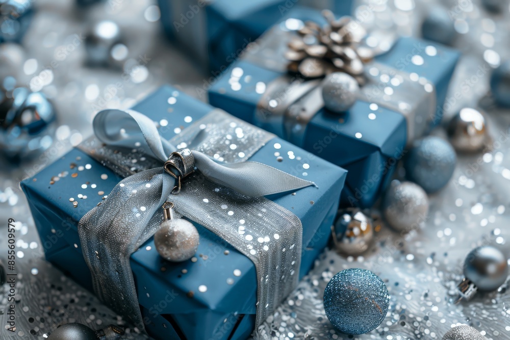 Christmas gifts wrapped in blue paper with a silver silk ribbon on a white background with silver Christmas decor. New Year Christmas. Place for text. Copy space Christmas gifts wrapped in blue paper with a silver silk ribbon on a white background with silver Christmas decor. New Year Christmas. Place for text. Copy space