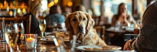 A well-behaved golden retriever dog sits patiently on a restaurant table while people enjoy a meal, creating a heartwarming and humorous scene
