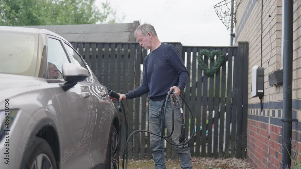 Elderly man connecting untethered charging cable, vehicle home energy Elderly man connecting untethered charging cable, vehicle home energy