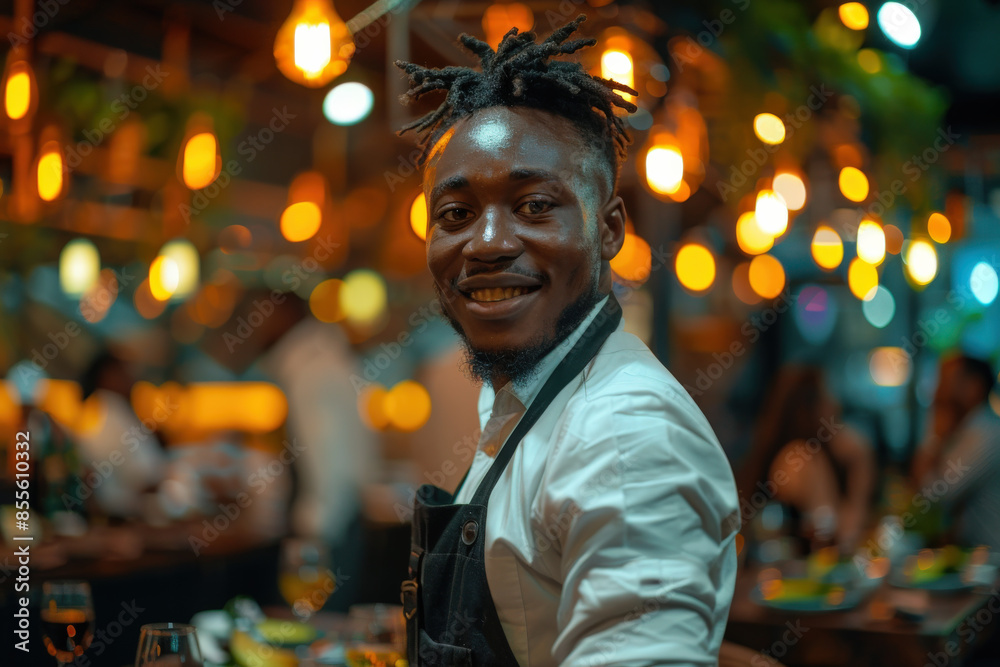 Smiling Chef in a Bustling Evening Restaurant 