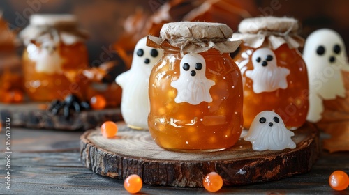 Wallpaper Mural 
Pumpkin and orange marmalade in funny jars for Halloween. Scary and funny holiday decor. Halloween product card. Torontodigital.ca