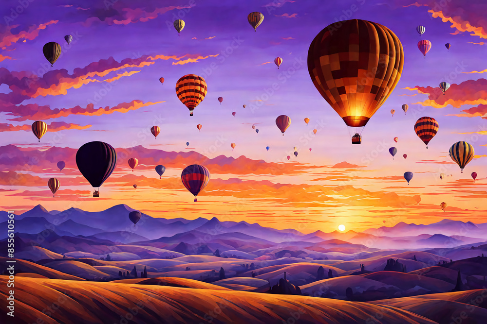 Naklejka premium Fantasy hot air balloons at sunset in the sky design. 