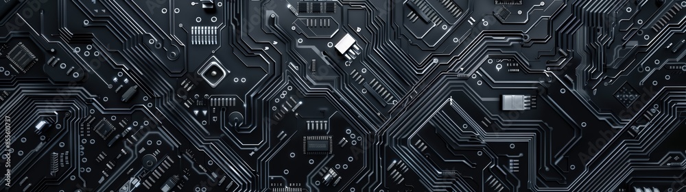 Electronic circuit board detailed close-up, black silver computer motherboard. AI ML technology hardware minimalist concept background banner Electronic circuit board detailed close-up, black silver computer motherboard. AI ML technology hardware minimalist concept background banner