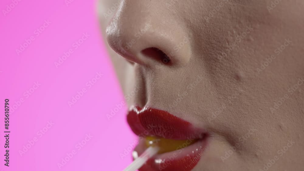 woman licking cherry popsicle with seduction, mouth close-up shot on pink background woman licking cherry popsicle with seduction, mouth close-up shot on pink background