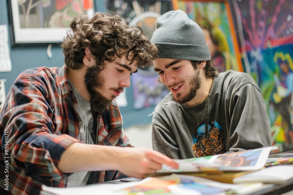 Two young men, one a student and the other a mentor, are focused on a magazine they are looking at together, A student collaborating with a mentor on a creative project Two young men, one a student and the other a mentor, are focused on a magazine they are looking at together, A student collaborating with a mentor on a creative project