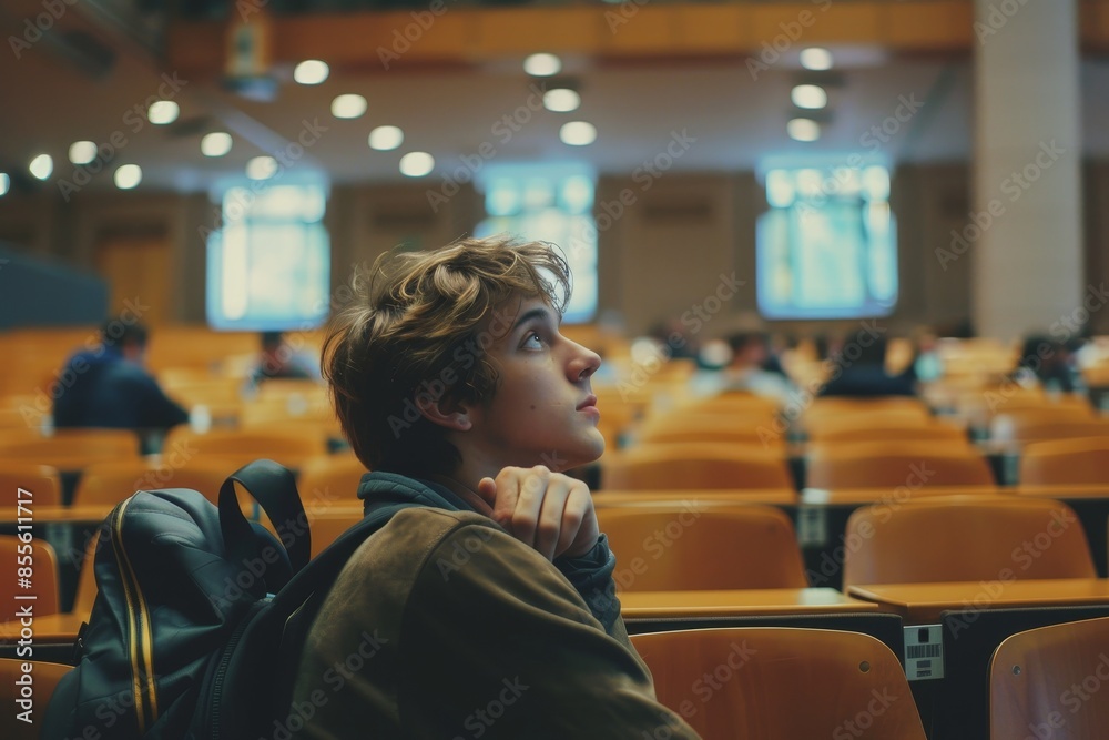 A young man sitting attentively in a crowded lecture hall, surrounded by classmates and listening to a speaker, A student daydreaming in a lecture hall A young man sitting attentively in a crowded lecture hall, surrounded by classmates and listening to a speaker, A student daydreaming in a lecture hall