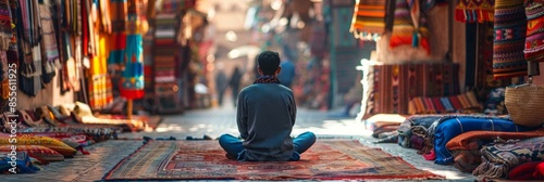 A lone traveler sits cross-legged on a brightly colored rug in a bustling Moroccan market, surrounded by vibrant textiles photo