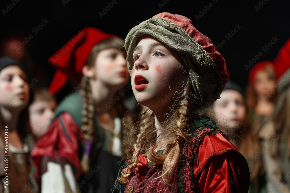 Young children in a group wearing bright red hats, A student performing in a school play, dressed in costume and reciting lines on stage Young children in a group wearing bright red hats, A student performing in a school play, dressed in costume and reciting lines on stage