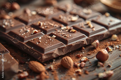 A detailed image of a chocolate bar with chunks of caramel and nuts peeking out from the broken pieces.  © Nico