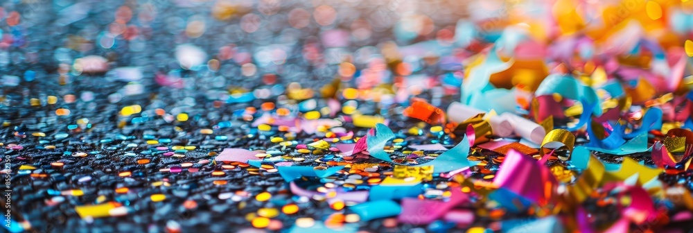 A close-up view of colorful confetti and streamers scattered on the ground, remnants of a lively performance
