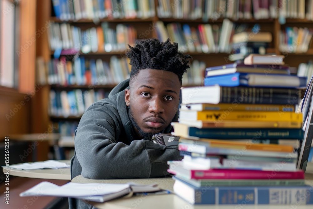 A man sits at a table surrounded by a pile of books, engaged in studying, A student sitting at a table surrounded by reference books and research materials A man sits at a table surrounded by a pile of books, engaged in studying, A student sitting at a table surrounded by reference books and research materials