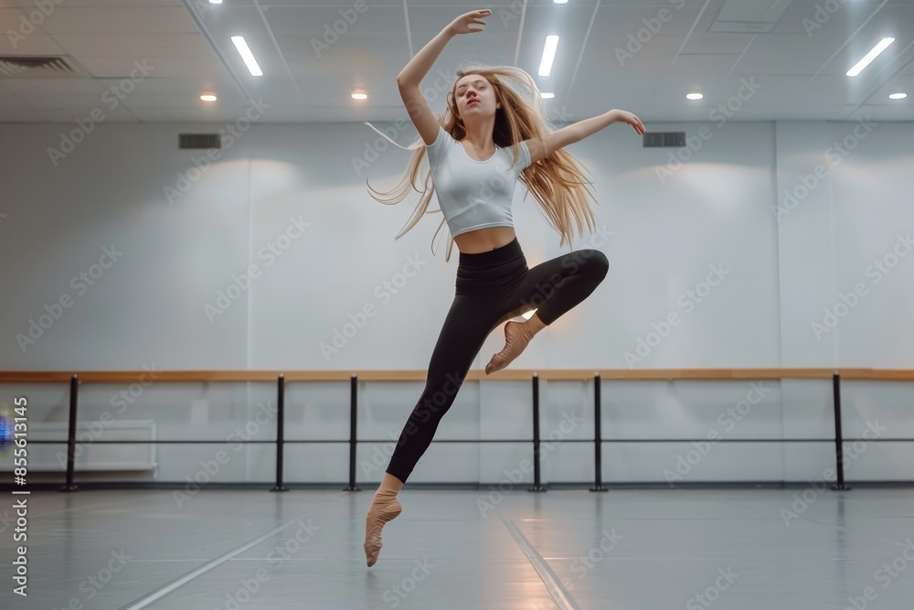 A woman wearing a white top and black pants dances gracefully, A student trying out different dance moves in a dance studio A woman wearing a white top and black pants dances gracefully, A student trying out different dance moves in a dance studio