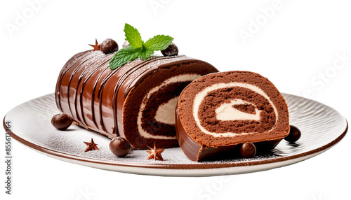 Chocolate cream Swiss roll isolated on transparent background.