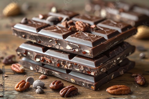 A detailed image of a chocolate bar with chunks of caramel and nuts peeking out from the broken pieces.  photo