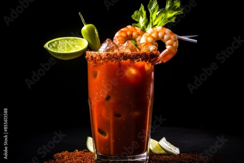 Michelada with a garnish of shrimp and a celery stick on a black background