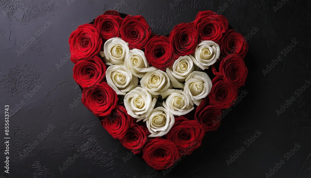 Arrangement of red roses and white roses forming a heart on a black background Arrangement of red roses and white roses forming a heart on a black background
