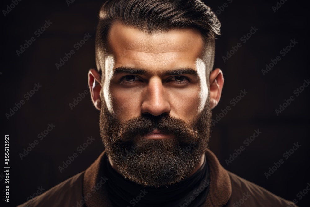 Fototapeta premium Well-groomed beard and mustache on a dark olive background