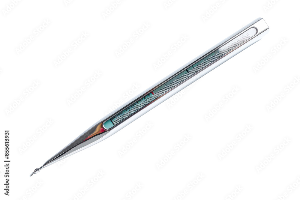 Close-up of a precision thermometer on a white background, ideal for medical or scientific use in measuring temperature accurately. Close-up of a precision thermometer on a white background, ideal for medical or scientific use in measuring temperature accurately.