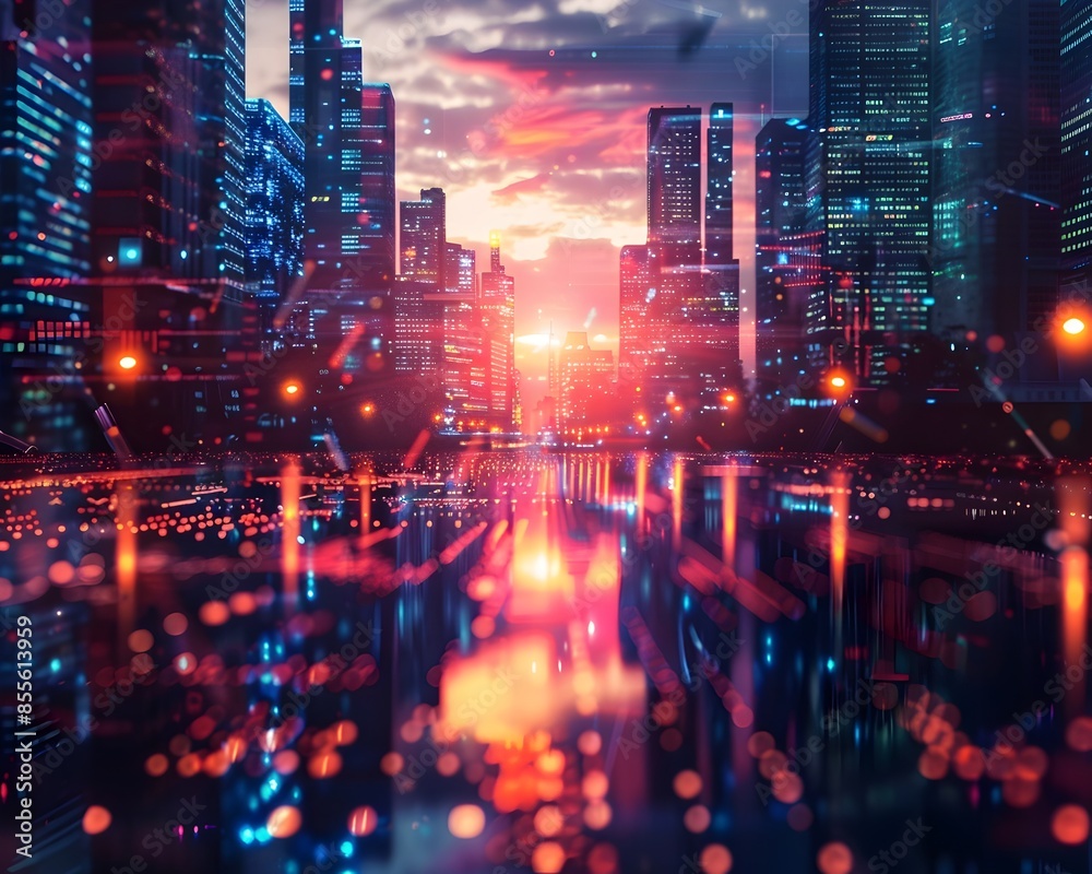 Mesmerizing Neon Lit Cityscape at Dramatic Sunset with Futuristic High Tech Structures Mesmerizing Neon Lit Cityscape at Dramatic Sunset with Futuristic High Tech Structures