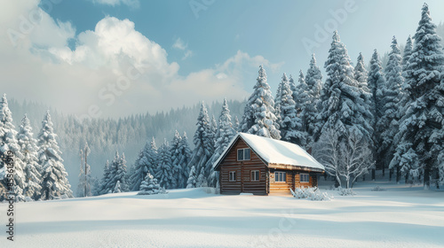 Wooden cabin in a snowy forest - photorealism, copy space, minimalism © Sergei