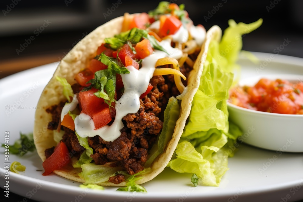 The Smash Burger Taco with crispy beef patty, lettuce, and tomato on a white plate The Smash Burger Taco with crispy beef patty, lettuce, and tomato on a white plate