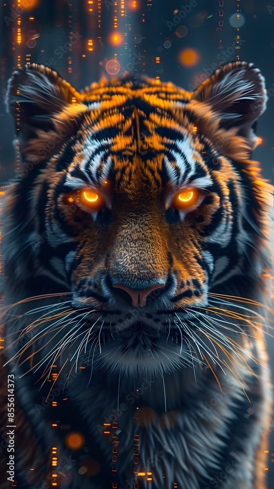 Cybernetic Tiger Prowling in Digital Jungle with Glowing Futuristic Background Cybernetic Tiger Prowling in Digital Jungle with Glowing Futuristic Background